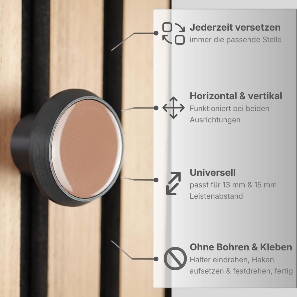 Knopfhaken mit Farbinlay für Akustikpaneele – 4er Set – ohne Bohren – 13 mm & 15 mm – horizontal & vertikal – Kleiderhaken (braun, 40 mm, 2.8, Zentimeter)