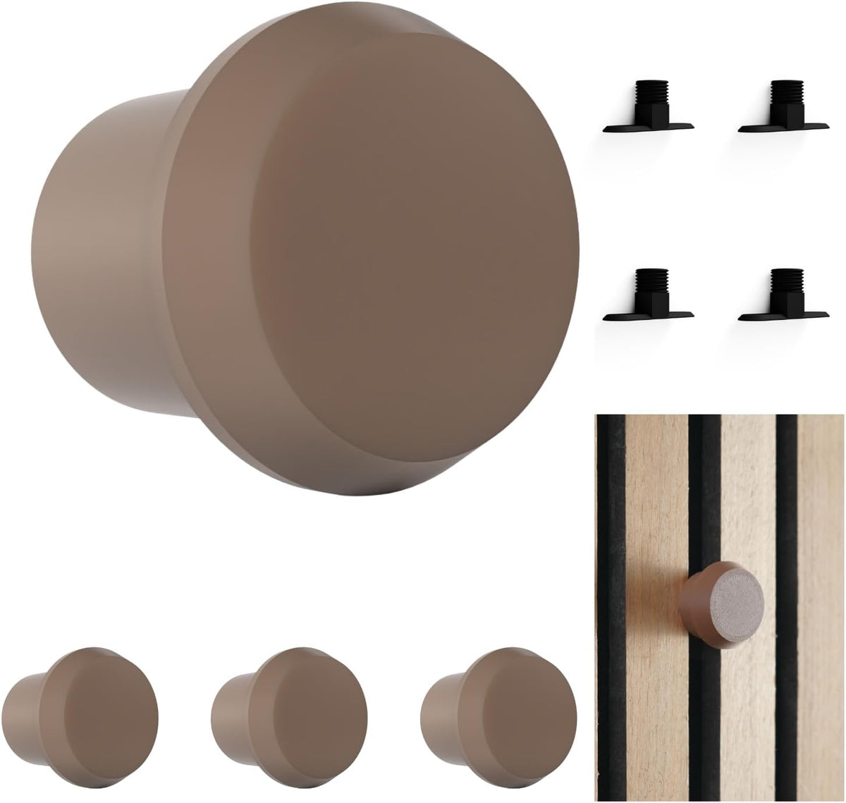Knopfhaken für Akustikpaneele - 4er Set - ohne Bohren - 13 mm & 15 mm - horizontal & vertikal - 2 Größen - 4 Farben - 2 Längen - Garderobenhaken (braun, 30 mm, 1.7, Zentimeter)