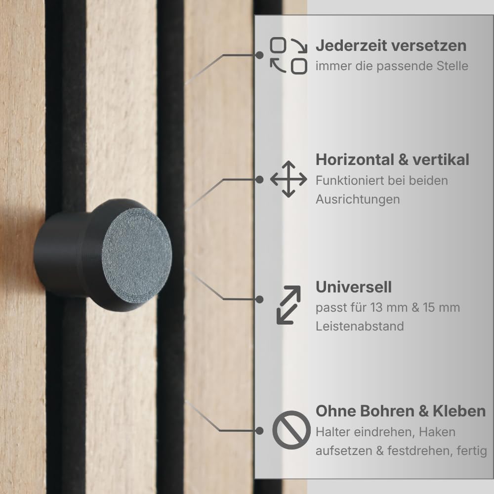 Knopfhaken für Akustikpaneele - 4er Set - ohne Bohren - 13 mm & 15 mm - horizontal & vertikal - 2 Größen - 4 Farben - 2 Längen - Garderobenhaken (braun, 30 mm, 1.7, Zentimeter)