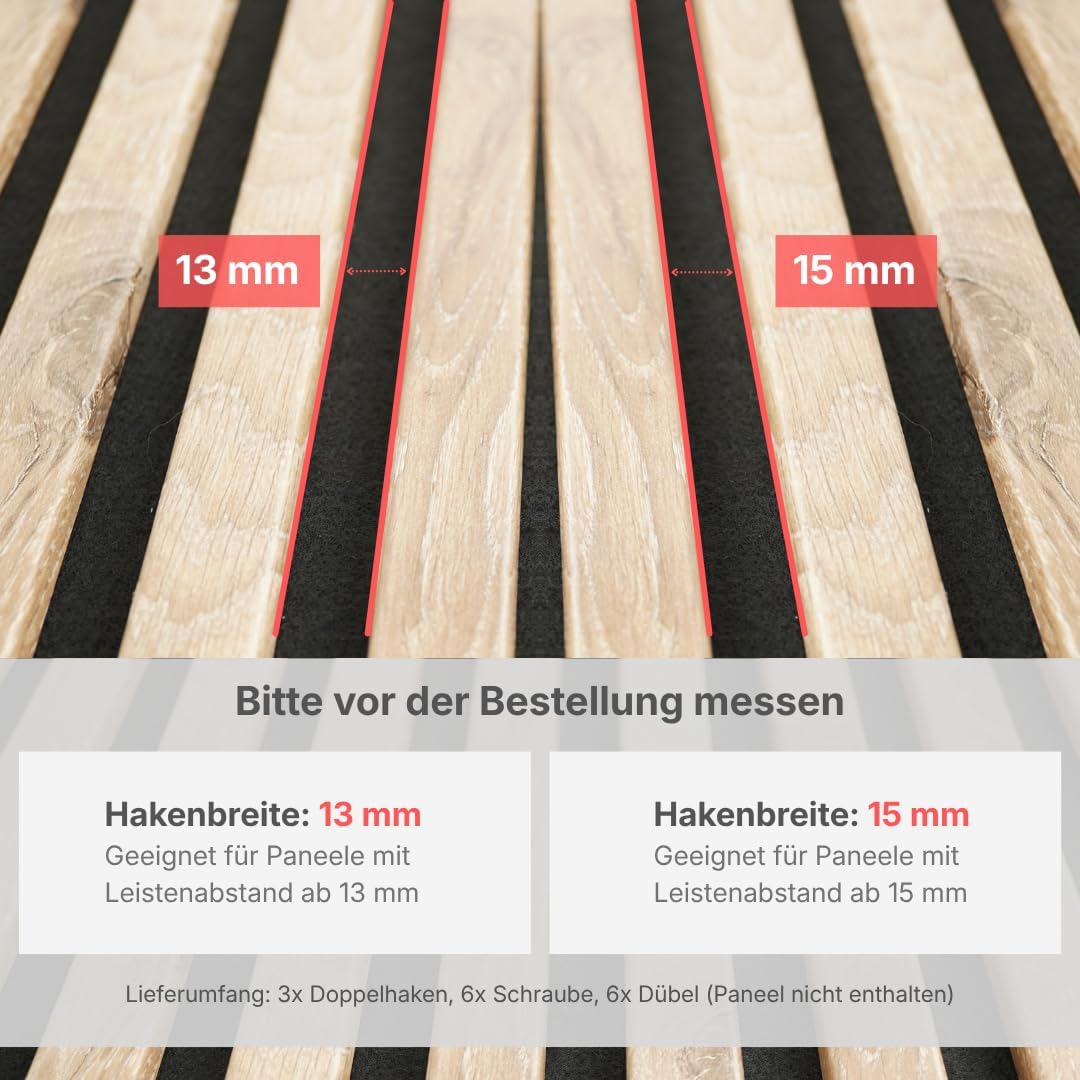Doppelhaken für Akustikpaneele – Wandmontage mit Schrauben – Maximale Stabilität – 3er Set inkl. Schrauben & Dübel – 13mm & 15mm – Garderobenhaken Lamellenwand (13 mm, Doppelhaken)