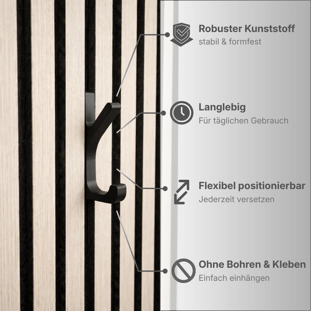 Kleiderhaken für Akustikpaneele mit Click-System – 6er Set – Montage ohne Bohren – 13mm & 15mm – Garderobenhaken Lamellenwand – Schwarz (13 mm, Doppelhaken (6er Set))