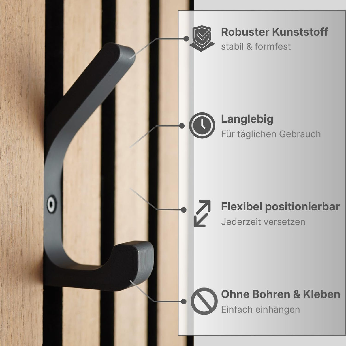 Kleiderhaken für Akustikpaneele & Wandpaneele – 6er Set – Doppelhaken ohne Bohren – Vertikale Paneele – Garderobenhaken Lamellenwand – 13mm & 15mm (13 mm, Doppelhaken (6er Set))