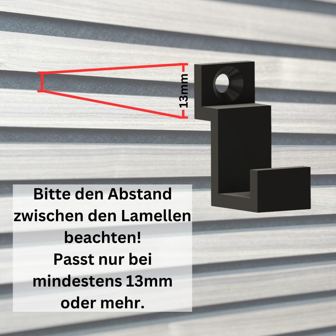 Kleiderhaken für Akustikpaneele mit Wandmontage – 4er Set inkl. Dübel & Schrauben – Horizontale Paneele – 13mm & 15mm – Garderobenhaken Lamellenwand (13 mm, Einzelhaken (4-teilig))