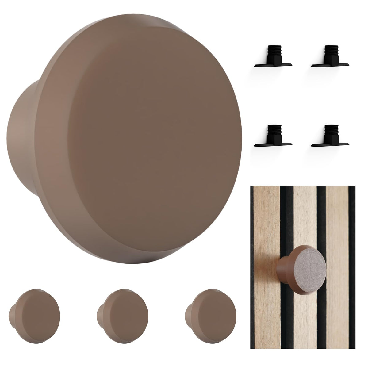 Knopfhaken für Akustikpaneele - 4er Set - ohne Bohren - 13 mm & 15 mm - horizontal & vertikal - 2 Größen - 4 Farben - 2 Längen - Garderobenhaken (braun, 30 mm, 1.7, Zentimeter)