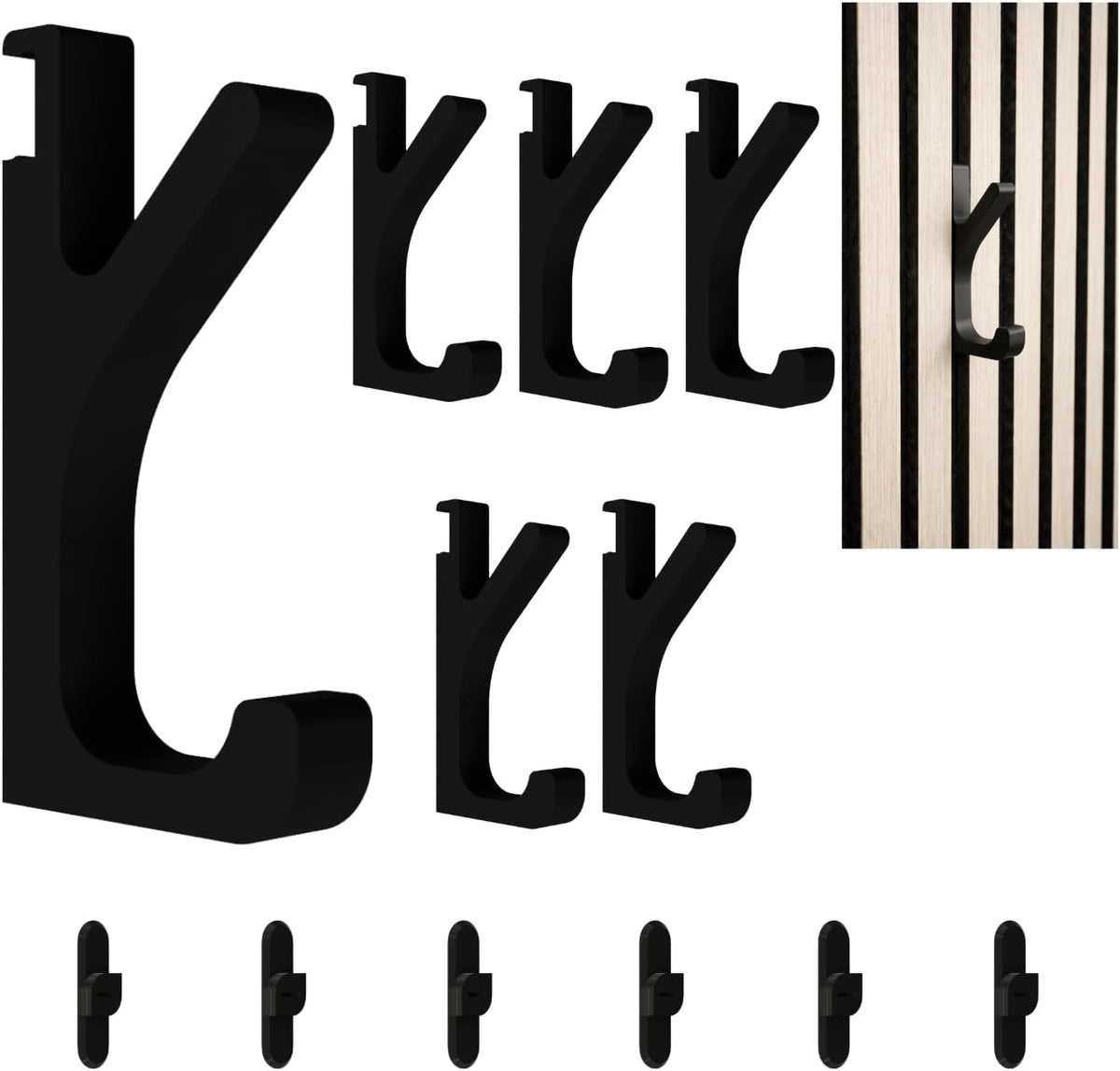 Kleiderhaken für Akustikpaneele mit Click-System – 6er Set – Montage ohne Bohren – 13mm & 15mm – Garderobenhaken Lamellenwand – Schwarz (13 mm, Doppelhaken (6er Set))