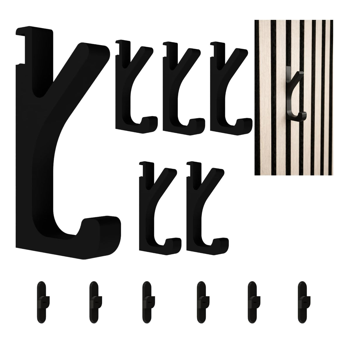 Kleiderhaken für Akustikpaneele mit Click-System – 6er Set – Montage ohne Bohren – 13mm & 15mm – Garderobenhaken Lamellenwand – Schwarz (13 mm, Doppelhaken (6er Set))