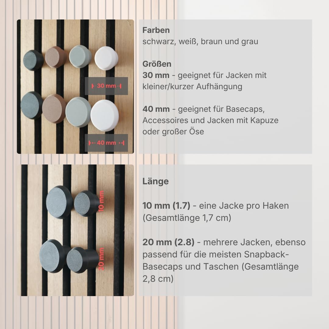 Knopfhaken für Akustikpaneele - 4er Set - ohne Bohren - 13 mm & 15 mm - horizontal & vertikal - 2 Größen - 4 Farben - 2 Längen - Garderobenhaken (braun, 30 mm, 1.7, Zentimeter)