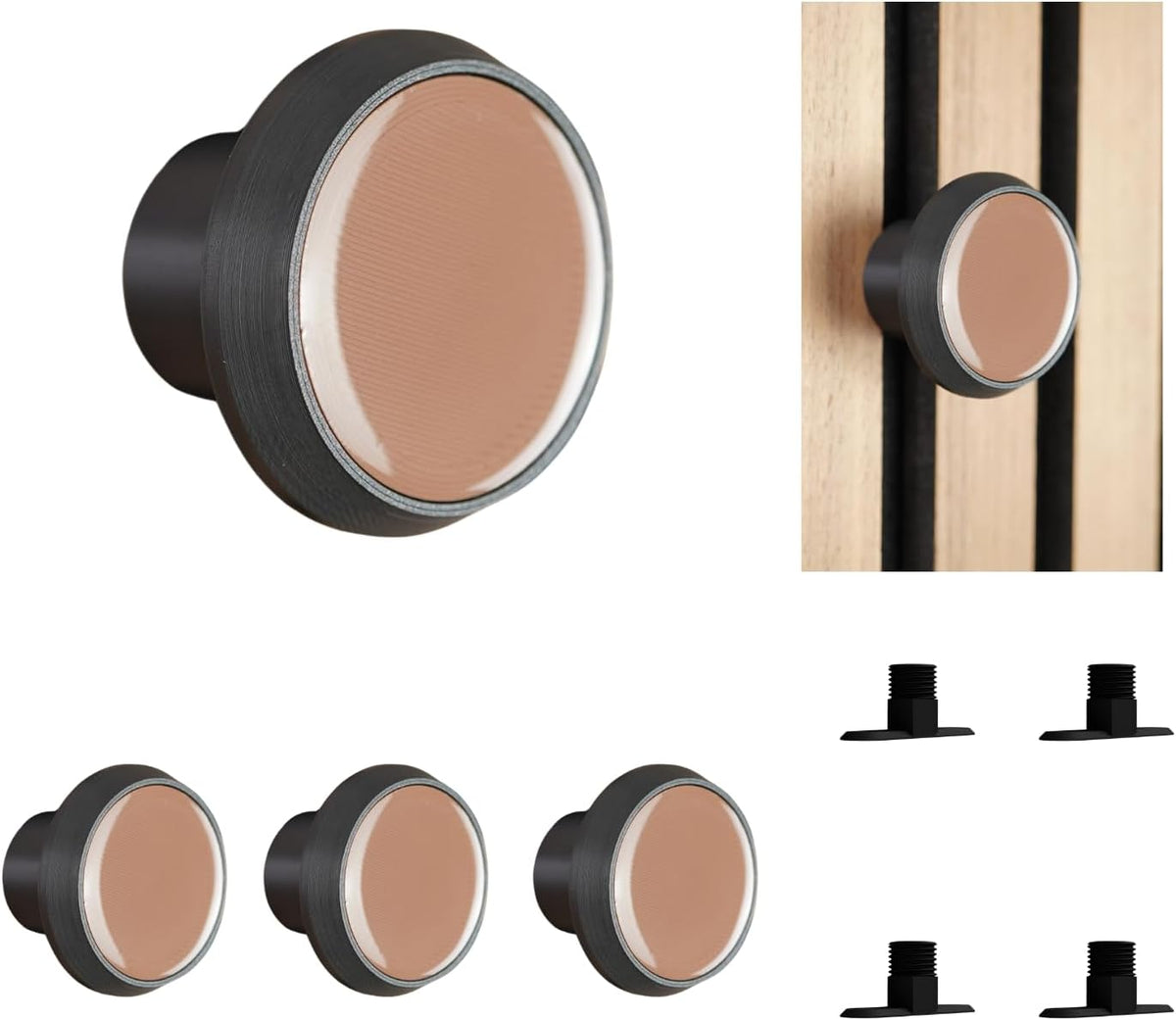 Knopfhaken mit Farbinlay für Akustikpaneele – 4er Set – ohne Bohren – 13 mm & 15 mm – horizontal & vertikal – Kleiderhaken (braun, 40 mm, 2.8, Zentimeter)