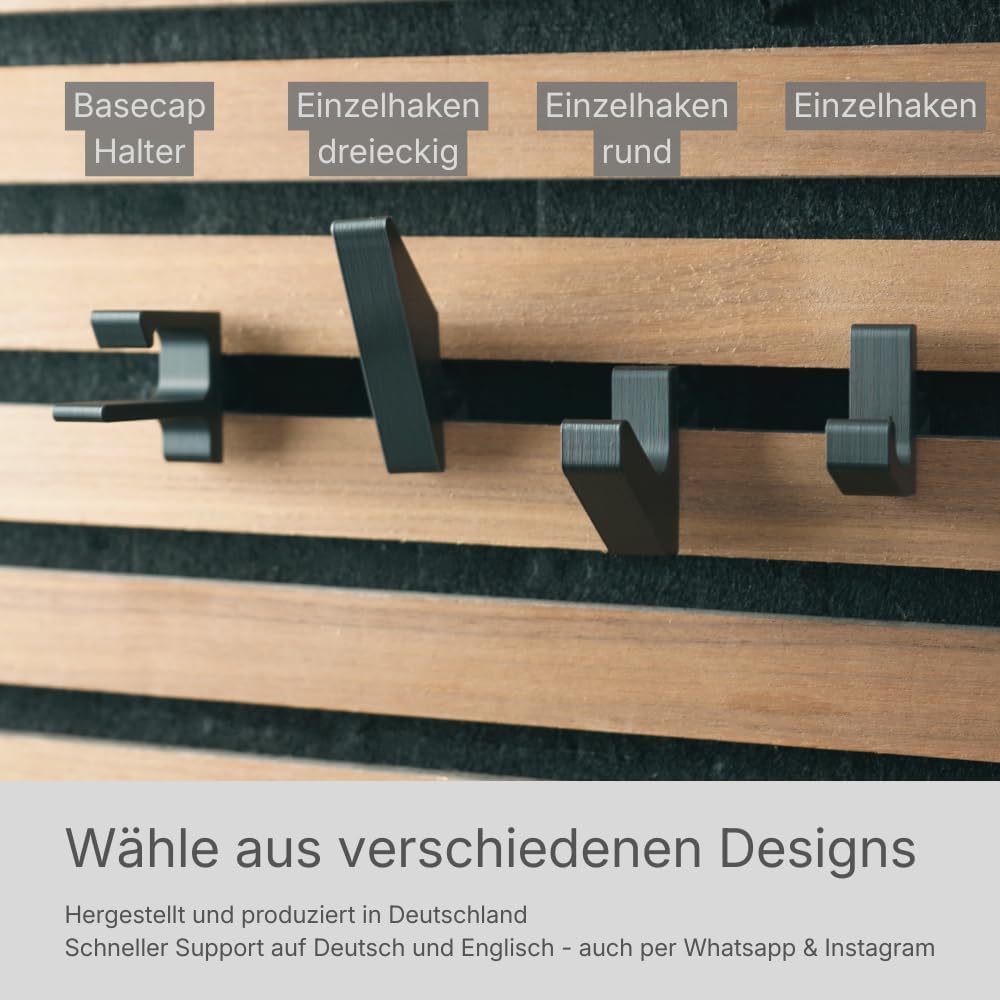 Kleiderhaken für Akustikpaneele & Lamellenwand – Horizontale Ausrichtung – 3er Set – Montage ohne Bohren – Garderobenhaken Holzpaneele | 13mm & 15mm | Für Jacken, Taschen & Basecaps (13 mm, eckig)