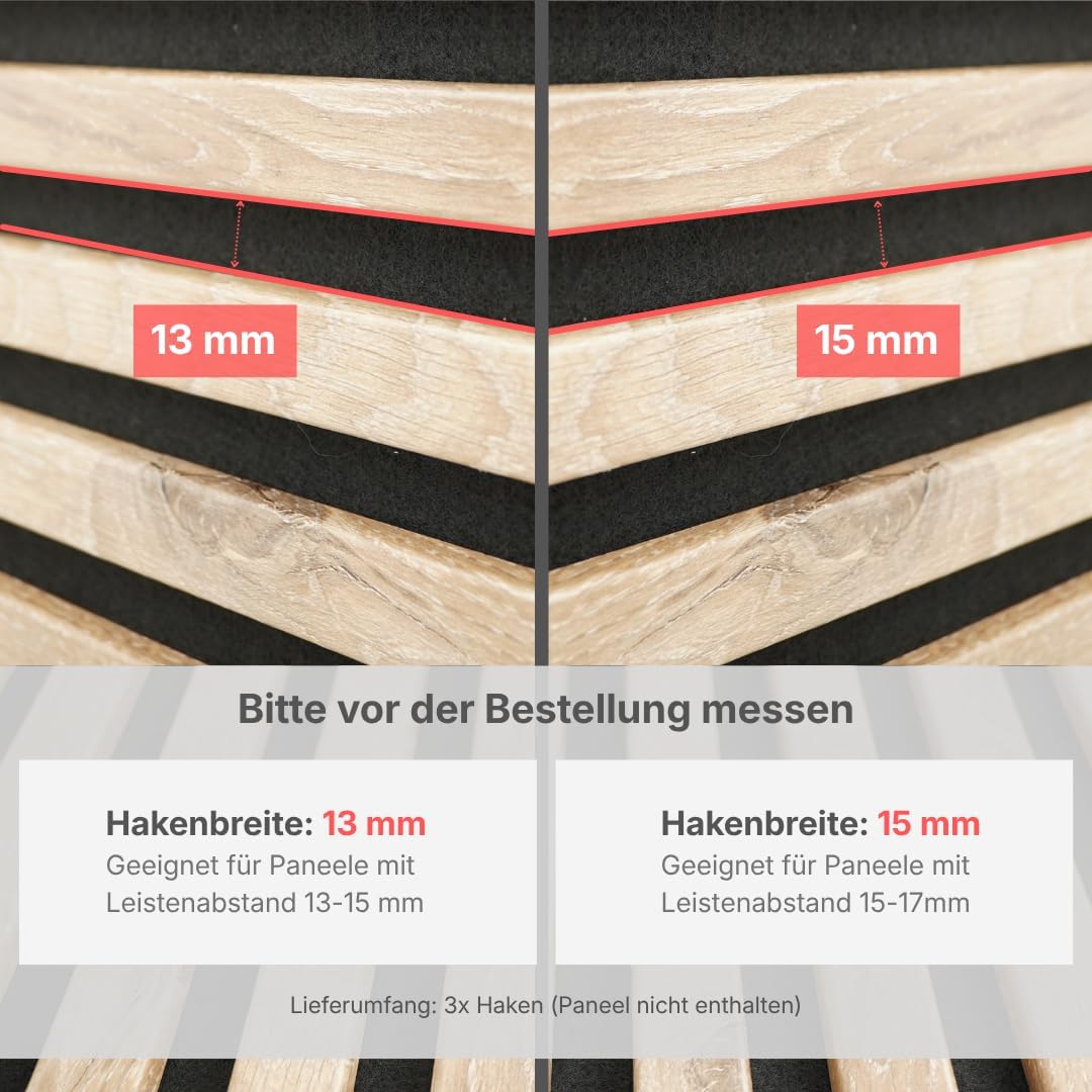 Kleiderhaken für Akustikpaneele & Lamellenwand – Horizontale Ausrichtung – 3er Set – Montage ohne Bohren – Garderobenhaken Holzpaneele | 13mm & 15mm | Für Jacken, Taschen & Basecaps (13 mm, eckig)