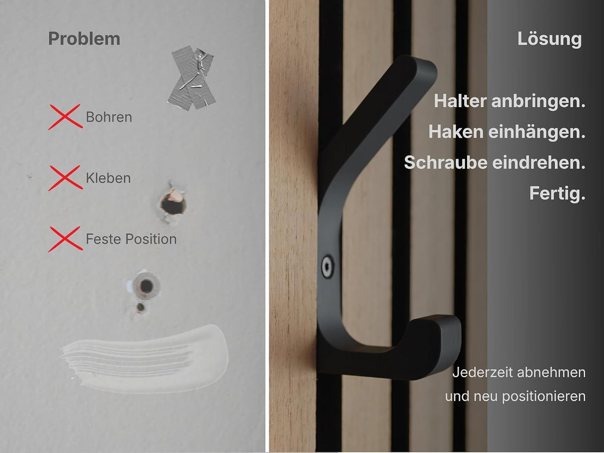 Kleiderhaken für Akustikpaneele & Wandpaneele – 6er Set – Doppelhaken ohne Bohren – Vertikale Paneele – Garderobenhaken Lamellenwand – 13mm & 15mm (13 mm, Doppelhaken (6er Set))