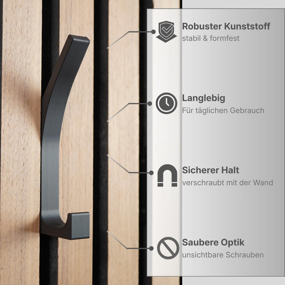 Kleiderhaken für Akustikpaneele & Wandpaneele – 6er Set – Doppelhaken mit verstecktem Halter – Unsichtbare Schrauben – Vertikale Paneele – 13mm & 15mm – Garderobenhaken (13 mm, Doppelhaken (6er Set))