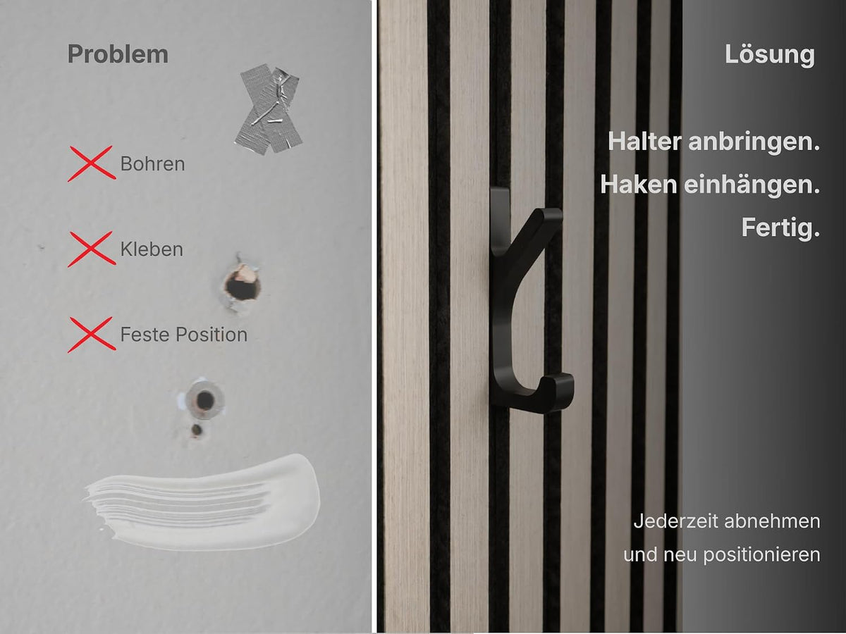 Kleiderhaken für Akustikpaneele mit Click-System – 6er Set – Montage ohne Bohren – 13mm & 15mm – Garderobenhaken Lamellenwand – Schwarz (13 mm, Doppelhaken (6er Set))