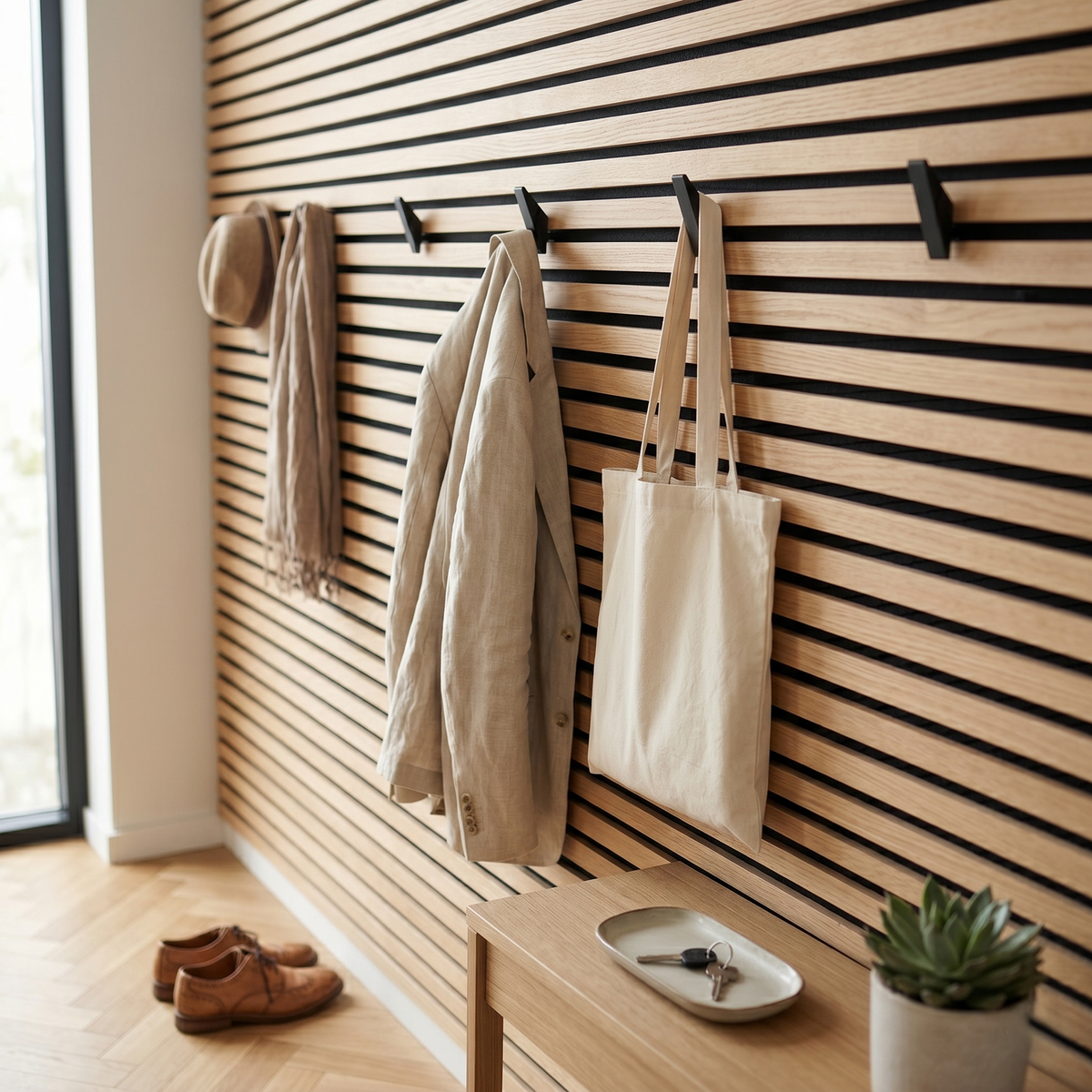 Kleiderhaken Dreieck mit Tasche und Handtuch am horizontalen Paneel