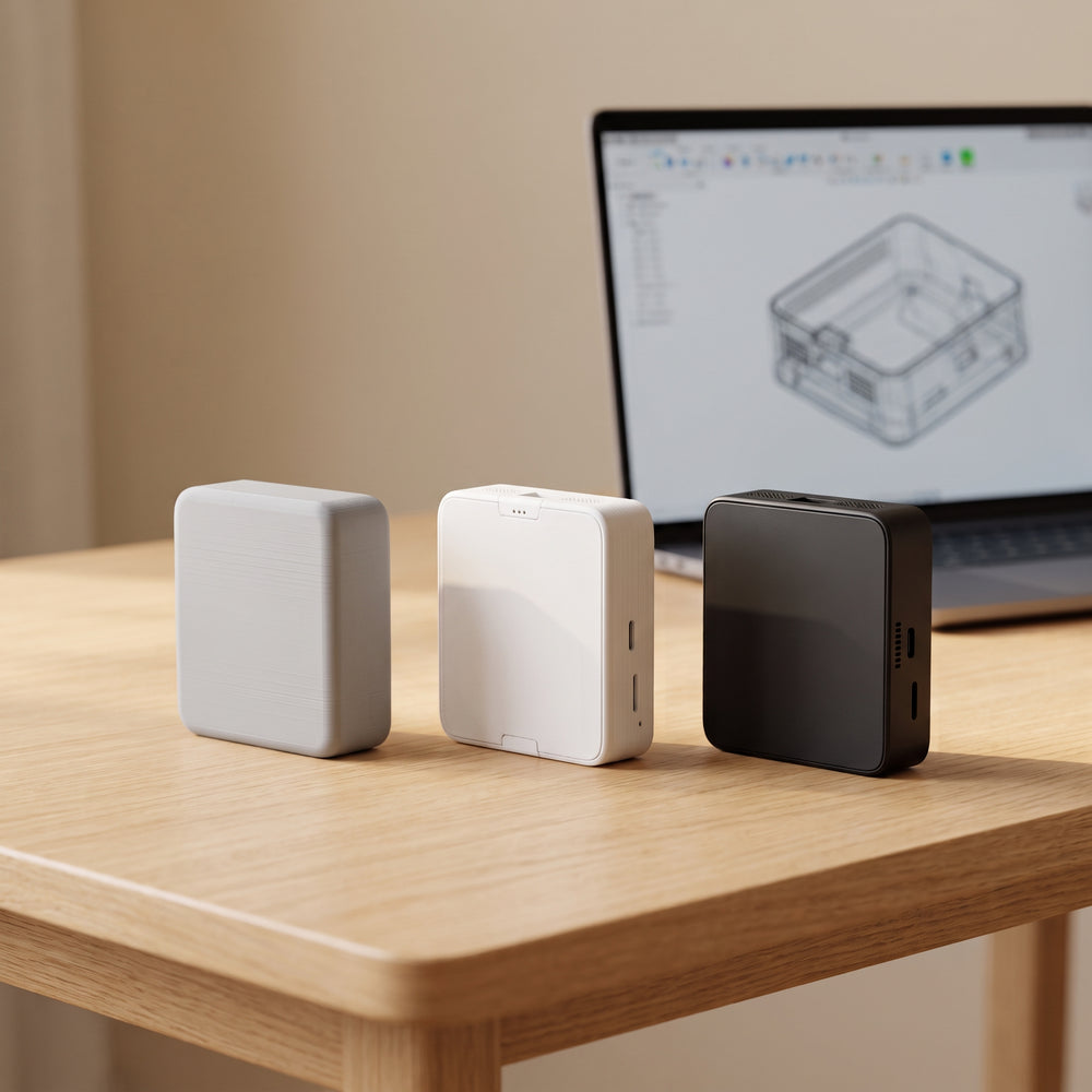 Prototyp eines Gehäuses im 3D-Druck neben dem Entwurf