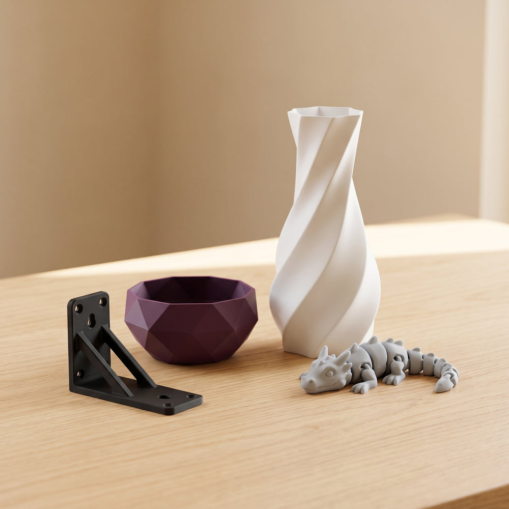 3D-gedruckte Modelle: Vase, Schale, Winkel und Drache