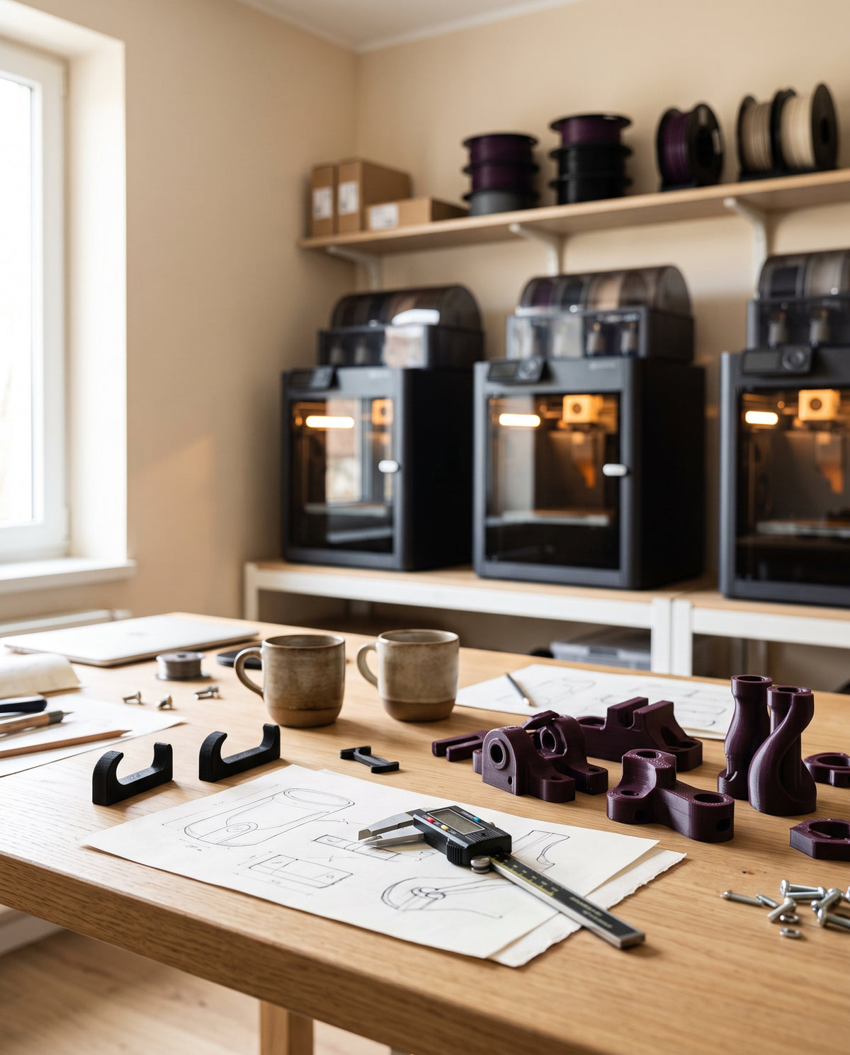 Werkstatt von Miraram 3D Objects mit 3D-Druckern, Produktskizzen und gedruckten Haken auf der Werkbank